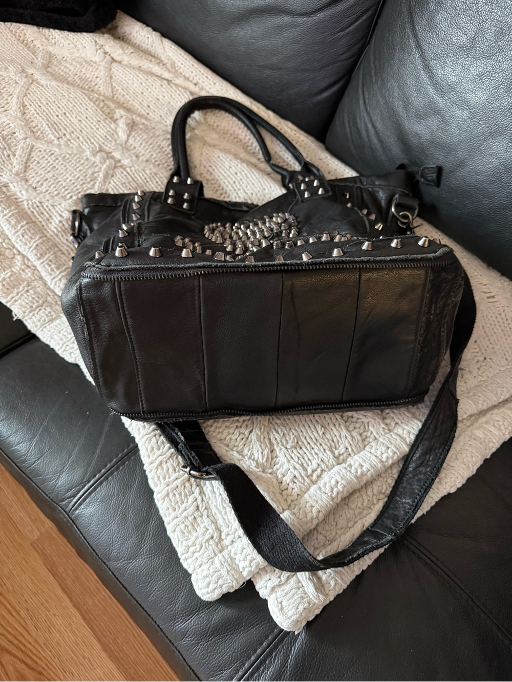 Studded Black Leather Tote Bag with Skull Accent - Picture 5 of 9
